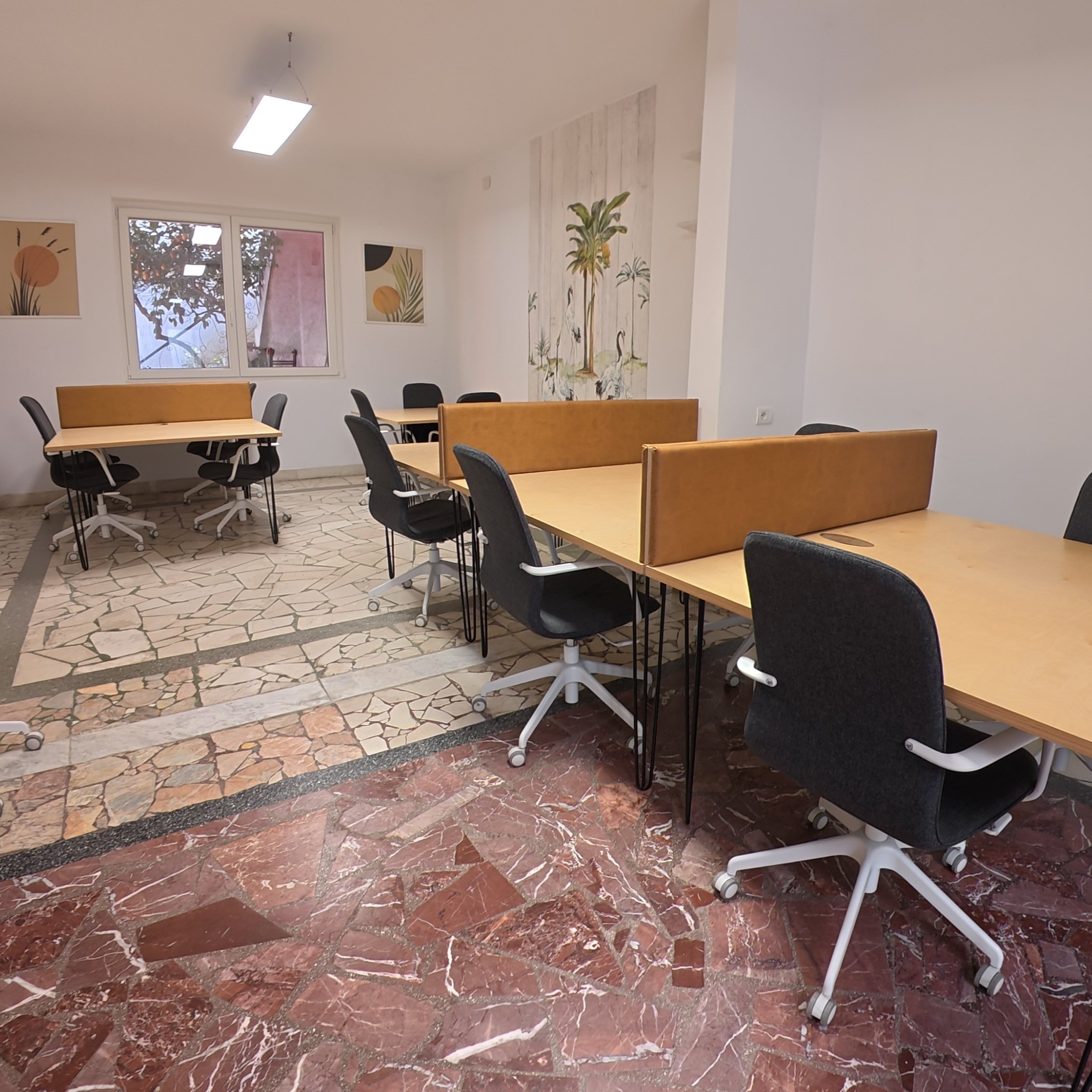 The coworking area with desks