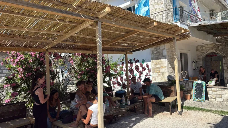 The exterior of Pink Bubble hostel in Tirana